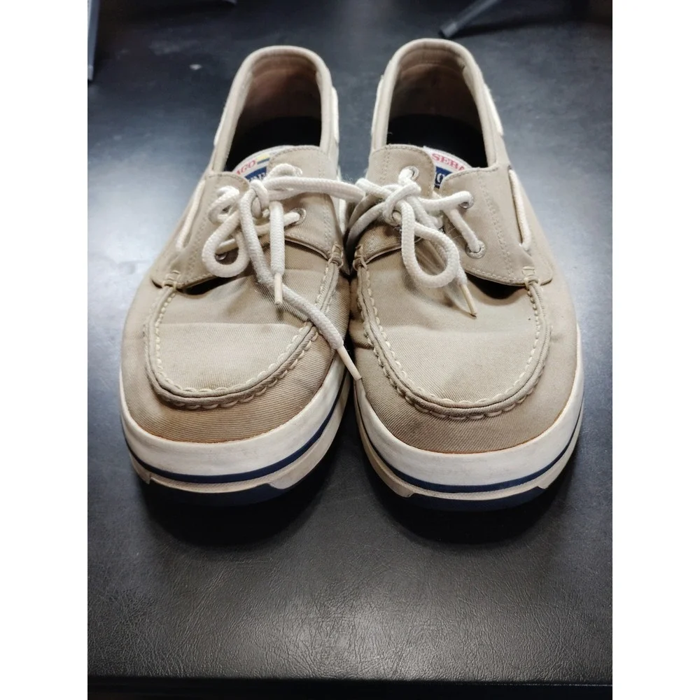 Sebago Docksides Men 13 Beige Canvas Boat Shoes Casual Slip On Loafers Preppy